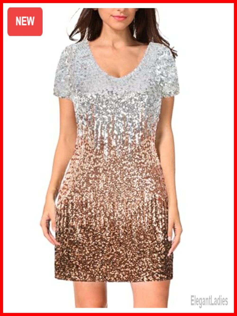 Sequin Glitter Short Sleeve V Neck Bodycon Mini Party Club Dress